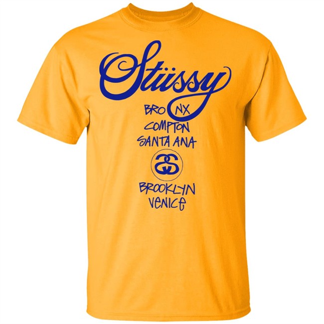 WORLD TOUR Stussy T Shirt WMNS Bronx Compton Santa Ana BrookLyn Venice Yellow Shirts